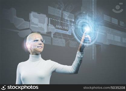 Innovative technologies. Young woman in white touching icon of media screen