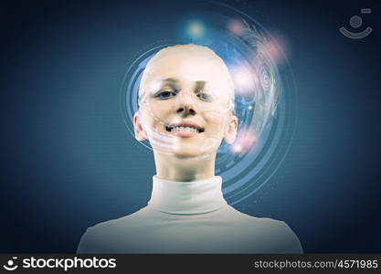 Innovative technologies. Young woman in white with hologram round head