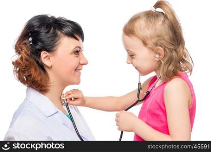 inquisitive girl preschooler at the reception of a smiling doctor in a white coat isolated