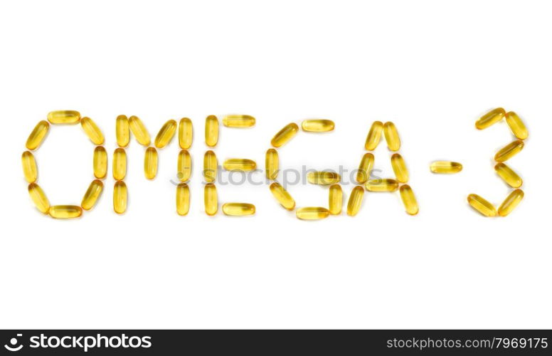 "Inscription: "Omega-3" on the mirror white background. Isolate on white"