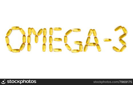 "Inscription: "Omega-3" on the mirror white background. Isolate on white"