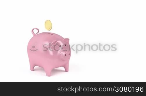Inserting golden coins into a piggy bank
