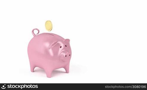 Inserting golden coins into a piggy bank