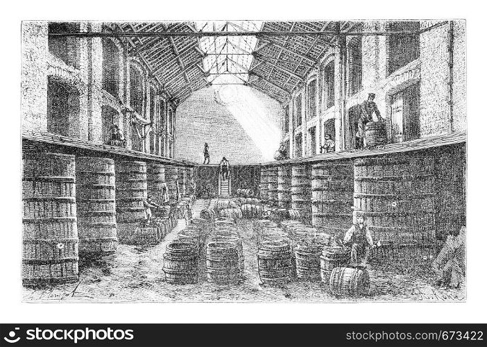 Inside a Brewery at Diest in Leuven, Belgium, drawing by Clerget based on a photograph, vintage illustration. Le Tour du Monde, Travel Journal, 1881