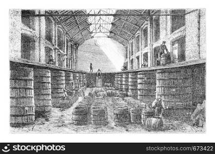 Inside a Brewery at Diest in Leuven, Belgium, drawing by Clerget based on a photograph, vintage illustration. Le Tour du Monde, Travel Journal, 1881