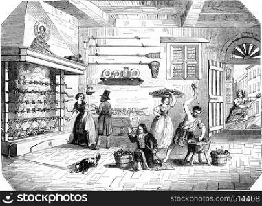 Inside a factory marinated eels, Comacchio, vintage engraved illustration. Magasin Pittoresque 1844.