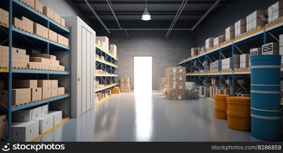 Inside a large warehouse for goods distribution and logistics. distinct generative AI image.. Inside a large warehouse for goods distribution and logistics