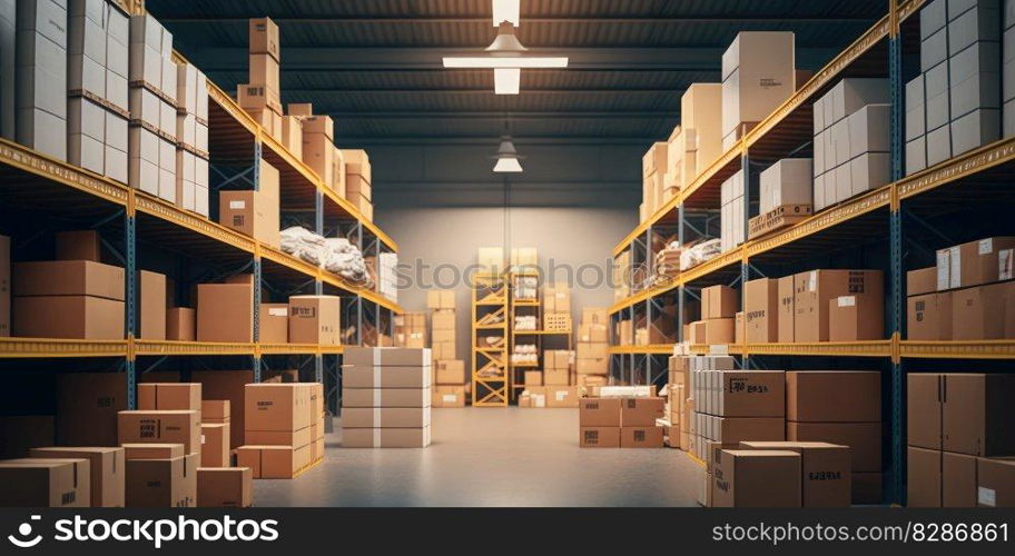 Inside a large warehouse for goods distribution and logistics. distinct generative AI image.. Inside a large warehouse for goods distribution and logistics