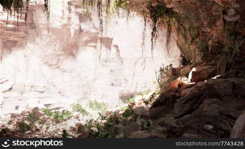 inside a limestone cave with plants and sun shine