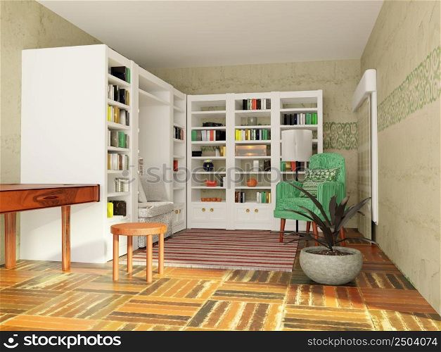 Inside a room with libraries, 3d rendering