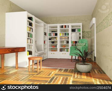 Inside a room with libraries, 3d rendering