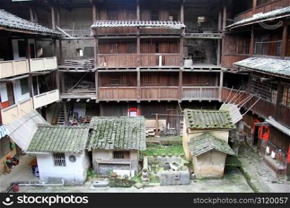 Inside big wooden tulou in chinese village, China