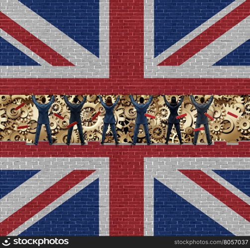Inside Britain economy of British industry concept as a group of diverse men and women lifting up a brick wall exposing the economic gears and cogs with 3D illustration elements.