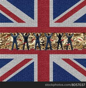 Inside Britain economy of British industry concept as a group of diverse men and women lifting up a brick wall exposing the economic gears and cogs with 3D illustration elements.
