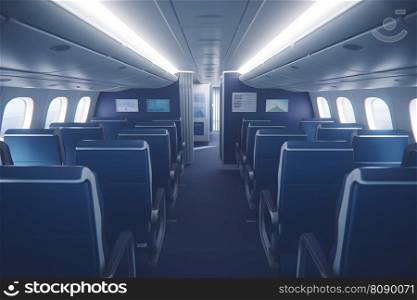 Inside empty passenger aircraft cabin. Neural network AI generated art. Inside empty passenger aircraft cabin. Neural network AI generated