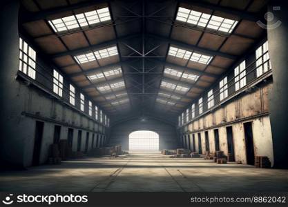 Inside empty warehouse or hangar with lar≥steel structure for industrial background. Peculiar AI≥≠rative ima≥.. Inside empty warehouse or hangar with lar≥structure for industrial background