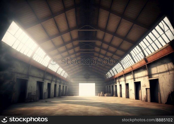 Inside empty warehouse or hangar with large steel structure for industrial background. Peculiar AI generative image.. Inside empty warehouse or hangar with large structure for industrial background