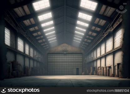 Inside empty warehouse or hangar with large steel structure for industrial background. Peculiar AI generative image.. Inside empty warehouse or hangar with large structure for industrial background
