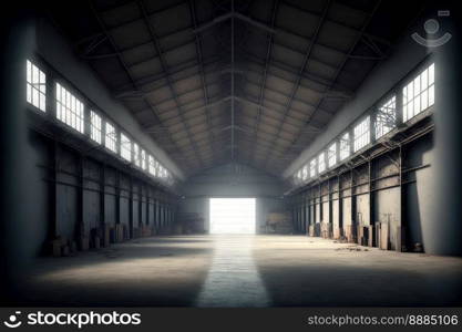 Inside empty warehouse or hangar with large steel structure for industrial background. Peculiar AI generative image.. Inside empty warehouse or hangar with large structure for industrial background