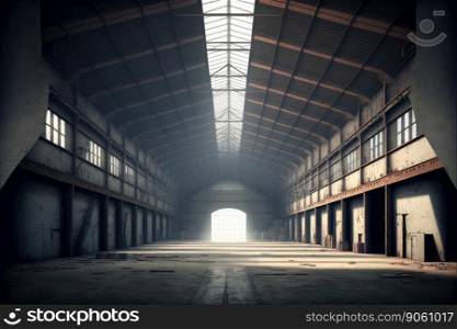 Inside empty warehouse or hangar with large steel structure for industrial background. Peculiar AI generative image.. Inside empty warehouse or hangar with large structure for industrial background
