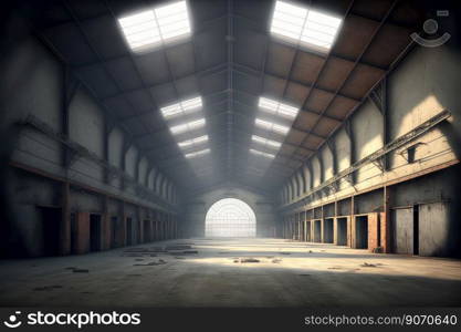 Inside empty warehouse or hangar with large steel structure for industrial background. Peculiar AI generative image.. Inside empty warehouse or hangar with large structure for industrial background