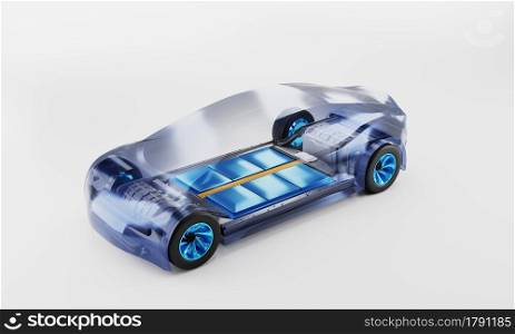 Inside ev car. battery pack rechargeable cells inside. chassis components. 3d Illustration