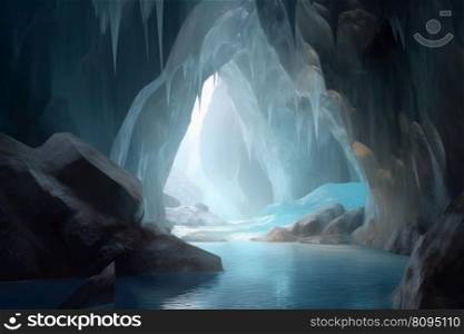 Inside glacial cave. Shadow water. Generate Ai. Inside glacial cave. Generate Ai