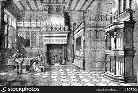 Inside houses in the Middle Ages, vintage engraved illustration. Magasin Pittoresque 1836.