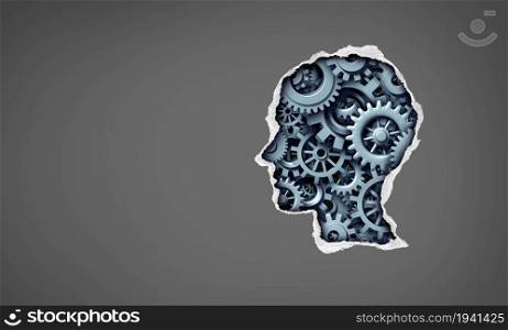 Inside Human thinking and psychology or psychiatry mental health concept as a head with torn paper showing gears and cogs inside representing learning or dementia neurology disease with 3D illustration elements.