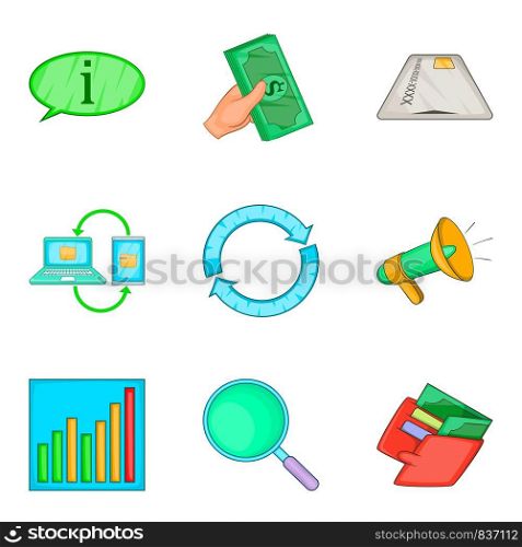 Inside information icons set. Cartoon set of 9 inside information vector icons for web isolated on white background. Inside information icons set, cartoon style