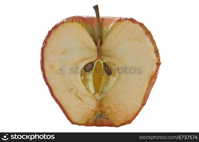 Inside of an old apple on white background