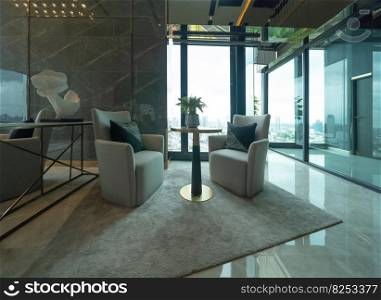 Inside of modern hotel lobby, entrance and reception, waiting area with urban city view of outdoor, indoor.