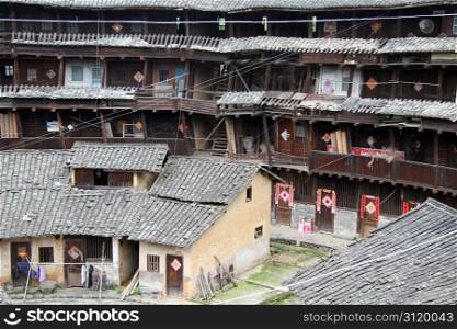 Inside old wooden tulou in chinese village, China