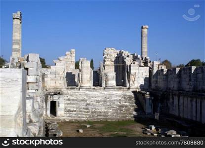 Inside ruins of temple Apollo in Didim, Turkey