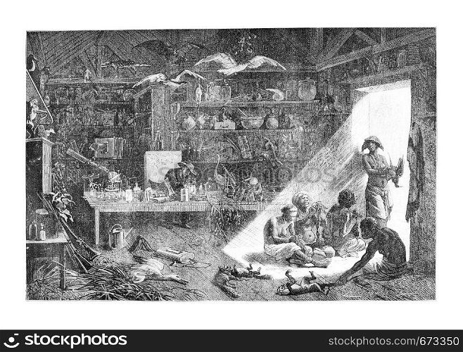 Inside the Anchieta Residence in Angola, Southern Africa, drawing by Bayard based on a sketch by Serpa Pinto, vintage engraved illustration. Le Tour du Monde, Travel Journal, 1881