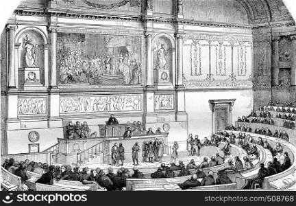 Inside the Chamber of Deputies, vintage engraved illustration. Magasin Pittoresque 1843.