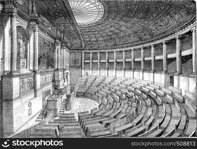 Inside the Chamber of Deputies, vintage engraved illustration. Magasin Pittoresque 1843.