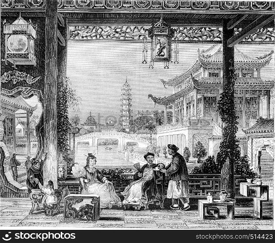 Inside the house of a mandarin in Beijing, vintage engraved illustration. Magasin Pittoresque 1844.