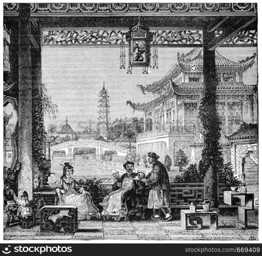 Inside the house of a mandarin, vintage engraved illustration. Industrial encyclopedia E.-O. Lami - 1875.