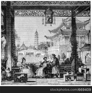 Inside the house of a mandarin, vintage engraved illustration. Industrial encyclopedia E.-O. Lami - 1875.