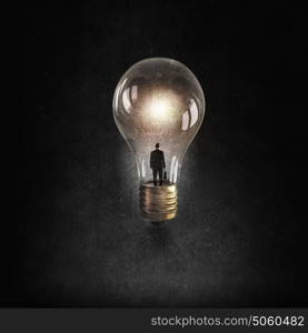 Inside the idea. Rear view of businessman inside light bulb