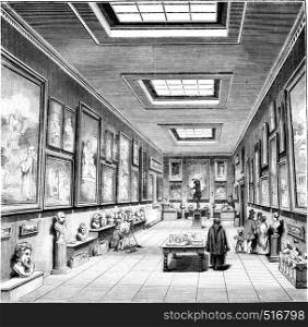 Inside view of the Museum of Aix, vintage engraved illustration. Magasin Pittoresque 1844.