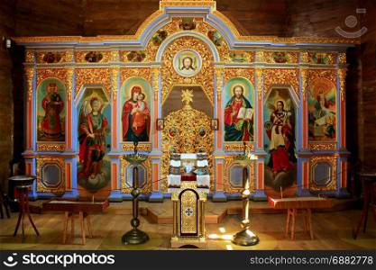 inside Voskresenska church in Baturin in Ukraine. inside wooden Voskresenska church in Baturin in Ukraine