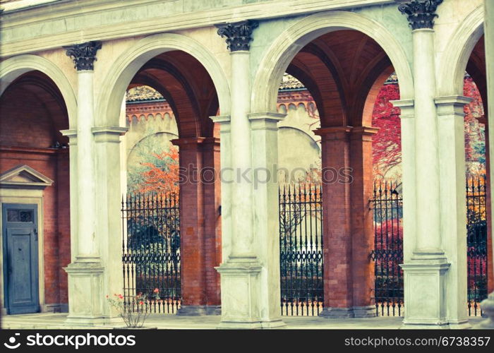 insolite Milan - vivid red old ivy on construction&rsquo;s arches on background