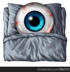 Insomnia and sleeping problems concept as a human eye ball with red veins in a bed with a pillow as a symbol of the health risks of nighttime sleepnessness disorder.