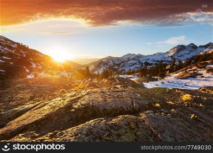 inspiration concept scene -sunrise in Sierra Nevada mountains, California, USA. Beautiful natural background