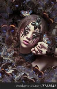 Inspiration. Woman with Fantastic Teardrops and Butterflies