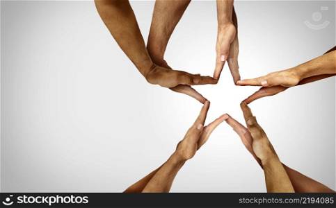 Inspirational unity star concept as a creative team celebration idea for group creativity and thinking together as a group of people joining hands into the shape of a shining light as a conceptual metaphor.