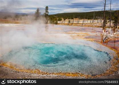 Inspiring natural background. Pools and geysers fields in Yellowstone National Park, USA.