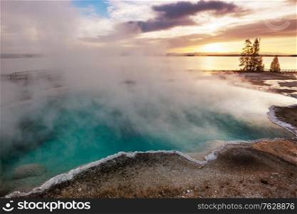 Inspiring natural background. Pools and geysers fields in Yellowstone National Park, USA.